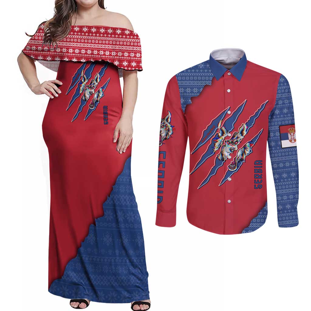 Serbia Couples Matching Off Shoulder Maxi Dress and Long Sleeve Button Shirt with Balkan Gray Wolf, Claw Marks, and Flag Sleeve Design