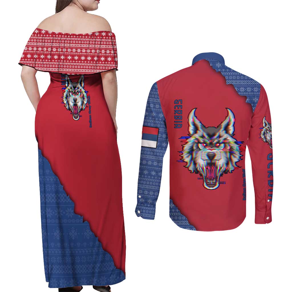 Serbia Couples Matching Off Shoulder Maxi Dress and Long Sleeve Button Shirt with Balkan Gray Wolf, Claw Marks, and Flag Sleeve Design