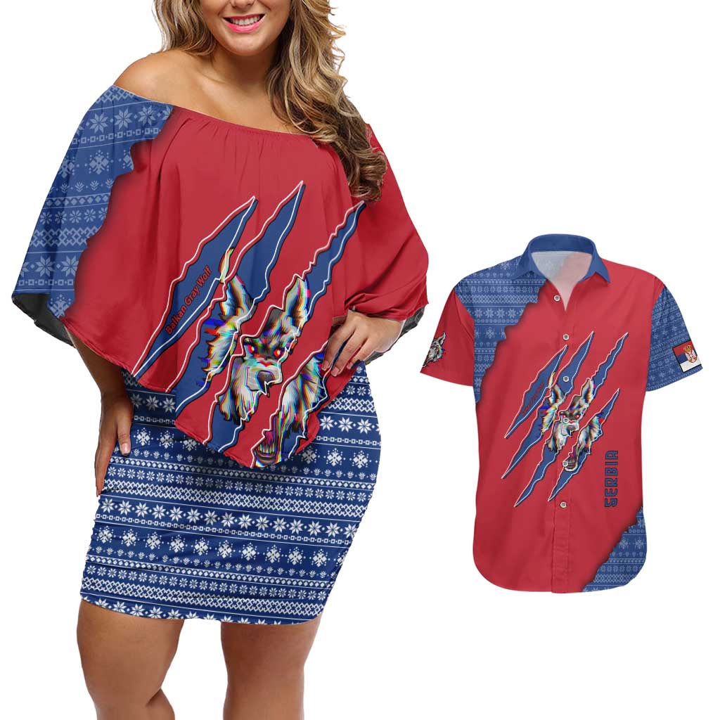 Serbia Couples Matching Off Shoulder Short Dress and Hawaiian Shirt with Balkan Gray Wolf, Claw Marks, and Flag Sleeve Design