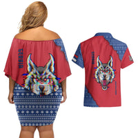 Serbia Couples Matching Off Shoulder Short Dress and Hawaiian Shirt with Balkan Gray Wolf, Claw Marks, and Flag Sleeve Design