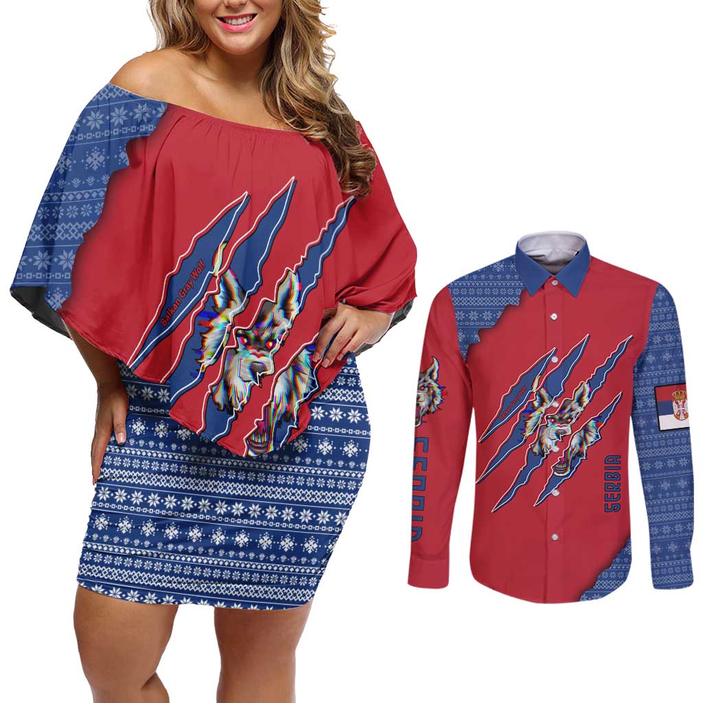Serbia Couples Matching Off Shoulder Short Dress and Long Sleeve Button Shirt with Balkan Gray Wolf, Claw Marks, and Flag Sleeve Design