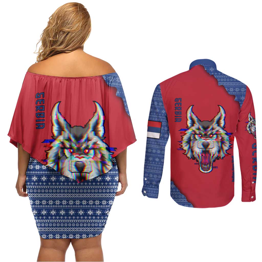 Serbia Couples Matching Off Shoulder Short Dress and Long Sleeve Button Shirt with Balkan Gray Wolf, Claw Marks, and Flag Sleeve Design