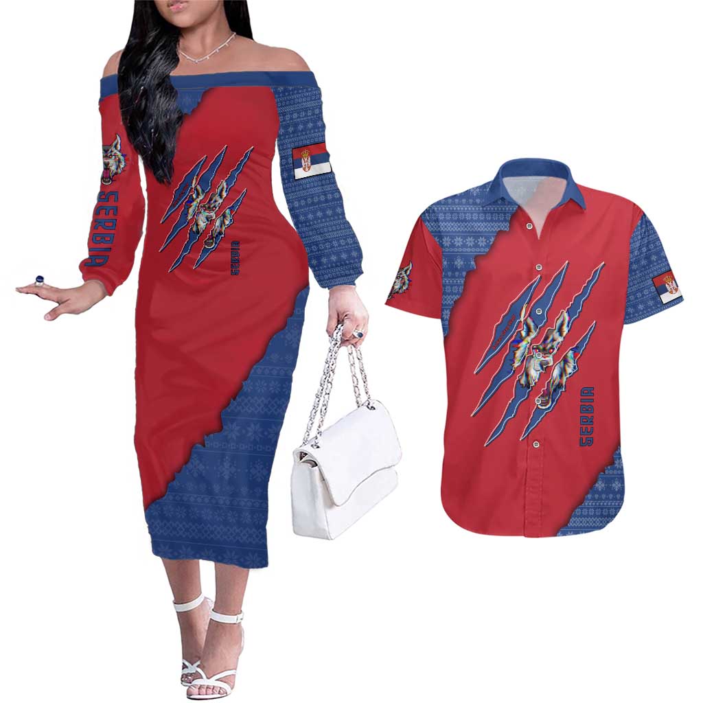 Serbia Couples Matching Off The Shoulder Long Sleeve Dress and Hawaiian Shirt with Balkan Gray Wolf, Claw Marks, and Flag Sleeve Design