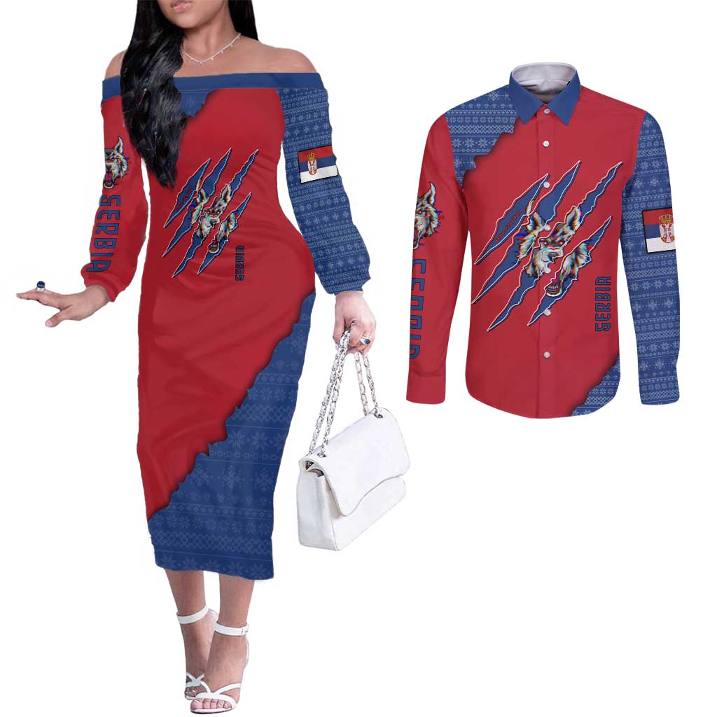 Serbia Couples Matching Off The Shoulder Long Sleeve Dress and Long Sleeve Button Shirt with Balkan Gray Wolf, Claw Marks, and Flag Sleeve Design