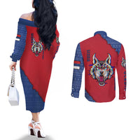 Serbia Couples Matching Off The Shoulder Long Sleeve Dress and Long Sleeve Button Shirt with Balkan Gray Wolf, Claw Marks, and Flag Sleeve Design