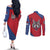 Serbia Couples Matching Off The Shoulder Long Sleeve Dress and Long Sleeve Button Shirt with Balkan Gray Wolf, Claw Marks, and Flag Sleeve Design