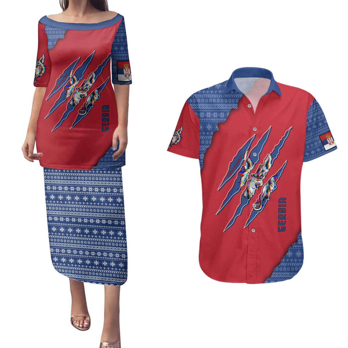 Serbia Couples Matching Puletasi and Hawaiian Shirt with Balkan Gray Wolf, Claw Marks, and Flag Sleeve Design