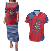 Serbia Couples Matching Puletasi and Hawaiian Shirt with Balkan Gray Wolf, Claw Marks, and Flag Sleeve Design