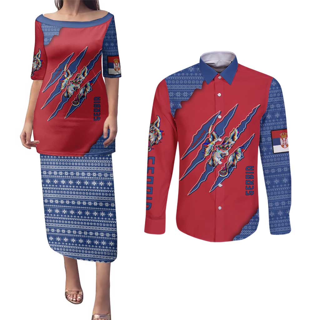 Serbia Couples Matching Puletasi and Long Sleeve Button Shirt with Balkan Gray Wolf, Claw Marks, and Flag Sleeve Design