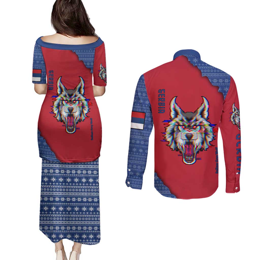 Serbia Couples Matching Puletasi and Long Sleeve Button Shirt with Balkan Gray Wolf, Claw Marks, and Flag Sleeve Design
