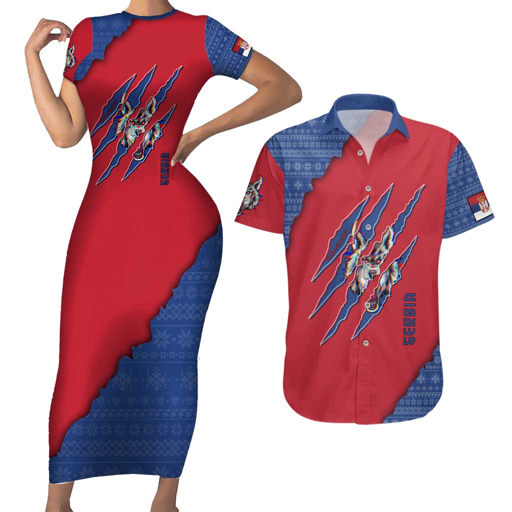 Serbia Couples Matching Short Sleeve Bodycon Dress and Hawaiian Shirt with Balkan Gray Wolf, Claw Marks, and Flag Sleeve Design