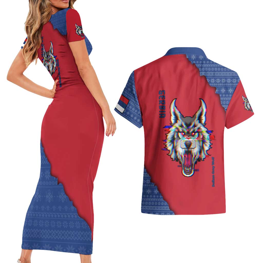 Serbia Couples Matching Short Sleeve Bodycon Dress and Hawaiian Shirt with Balkan Gray Wolf, Claw Marks, and Flag Sleeve Design