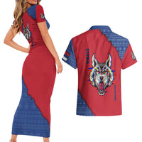 Serbia Couples Matching Short Sleeve Bodycon Dress and Hawaiian Shirt with Balkan Gray Wolf, Claw Marks, and Flag Sleeve Design