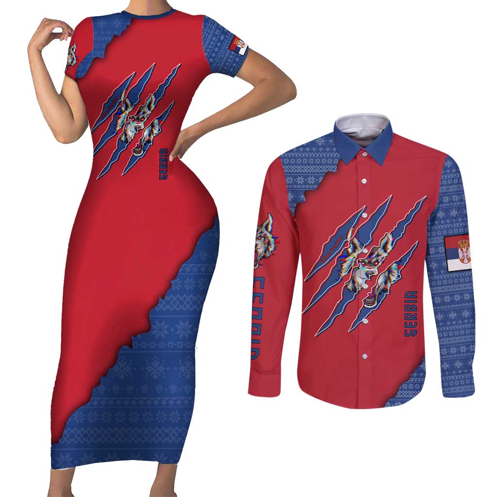 Serbia Couples Matching Short Sleeve Bodycon Dress and Long Sleeve Button Shirt with Balkan Gray Wolf, Claw Marks, and Flag Sleeve Design