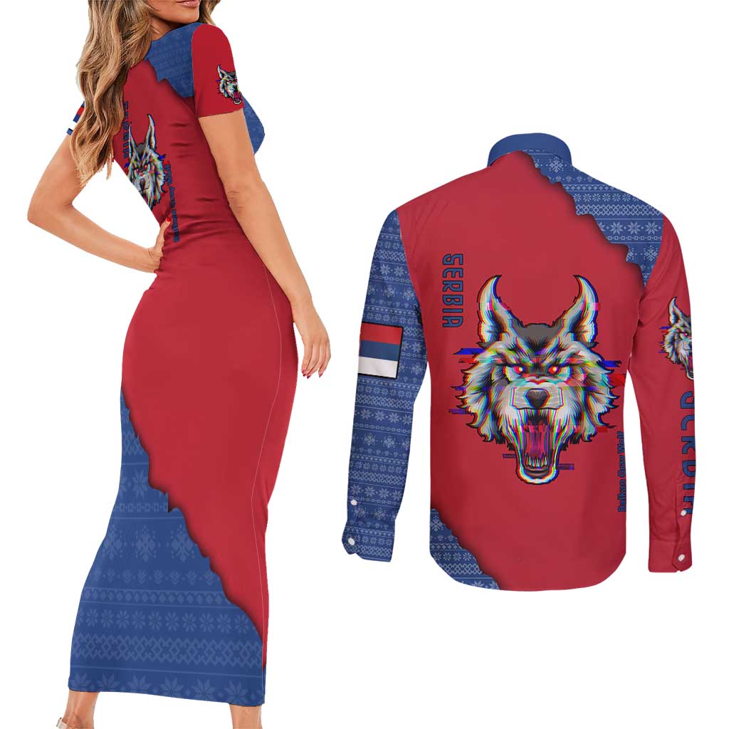 Serbia Couples Matching Short Sleeve Bodycon Dress and Long Sleeve Button Shirt with Balkan Gray Wolf, Claw Marks, and Flag Sleeve Design