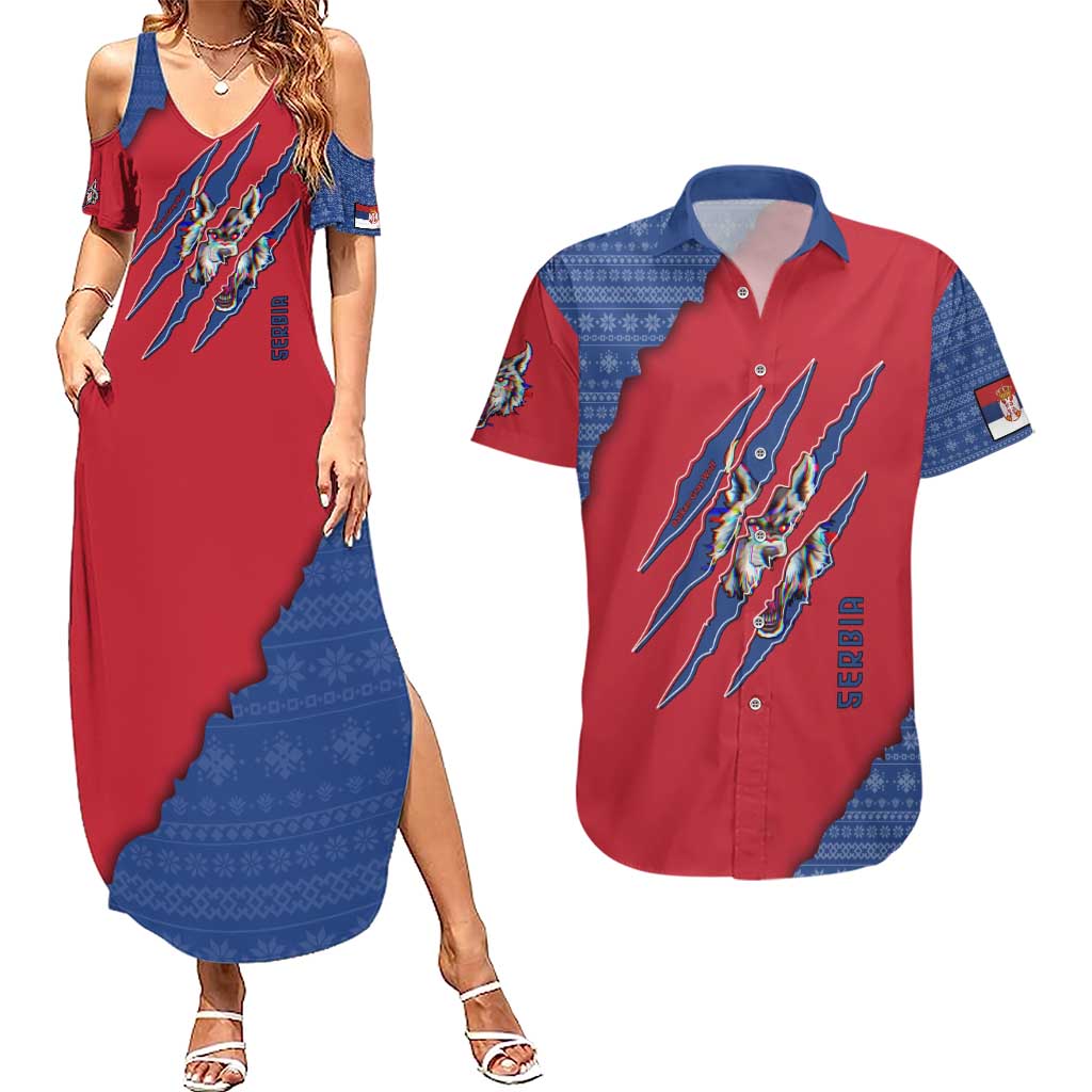 Serbia Couples Matching Summer Maxi Dress and Hawaiian Shirt with Balkan Gray Wolf, Claw Marks, and Flag Sleeve Design