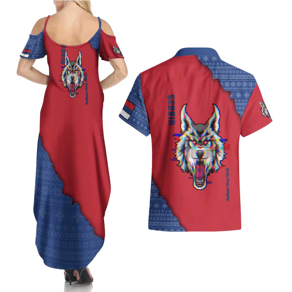 Serbia Couples Matching Summer Maxi Dress and Hawaiian Shirt with Balkan Gray Wolf, Claw Marks, and Flag Sleeve Design