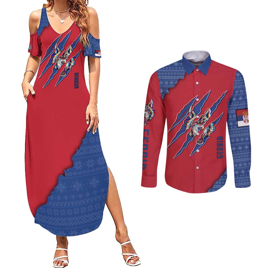 Serbia Couples Matching Summer Maxi Dress and Long Sleeve Button Shirt with Balkan Gray Wolf, Claw Marks, and Flag Sleeve Design