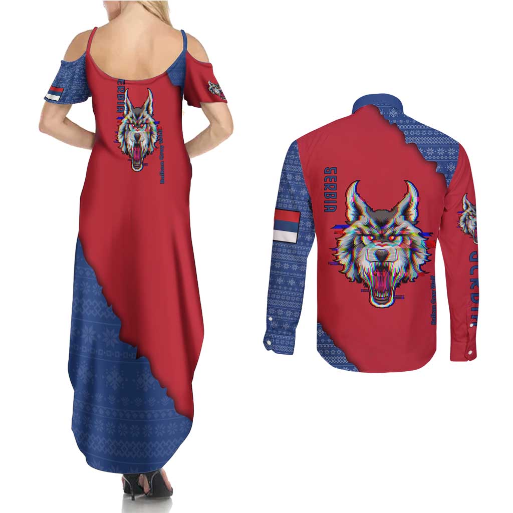 Serbia Couples Matching Summer Maxi Dress and Long Sleeve Button Shirt with Balkan Gray Wolf, Claw Marks, and Flag Sleeve Design