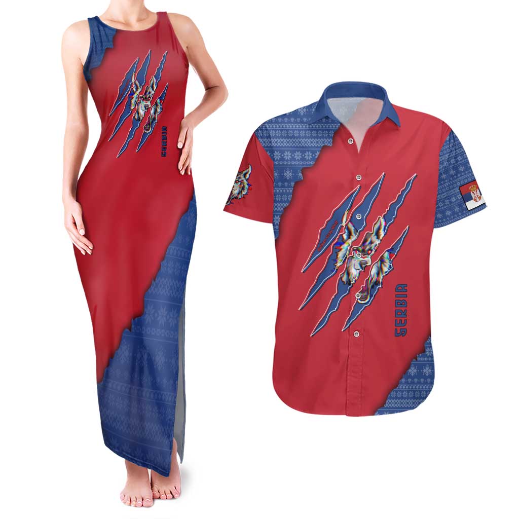 Serbia Couples Matching Tank Maxi Dress and Hawaiian Shirt with Balkan Gray Wolf, Claw Marks, and Flag Sleeve Design