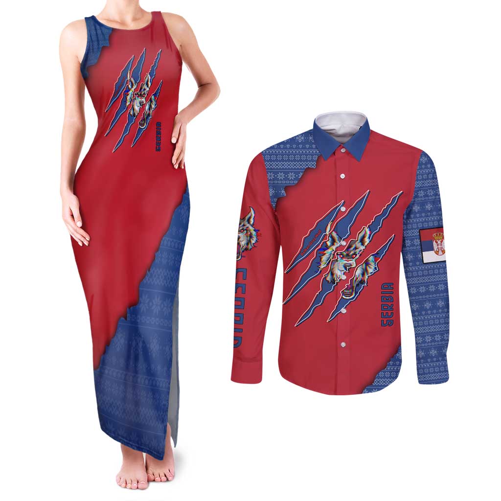 Serbia Couples Matching Tank Maxi Dress and Long Sleeve Button Shirt with Balkan Gray Wolf, Claw Marks, and Flag Sleeve Design