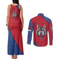 Serbia Couples Matching Tank Maxi Dress and Long Sleeve Button Shirt with Balkan Gray Wolf, Claw Marks, and Flag Sleeve Design