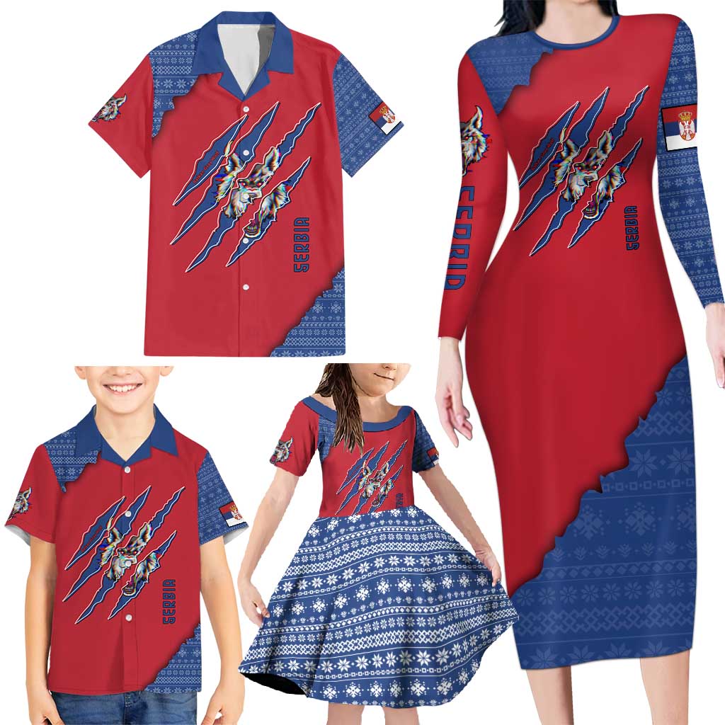 Serbia Family Matching Long Sleeve Bodycon Dress and Hawaiian Shirt with Balkan Gray Wolf, Claw Marks, and Flag Sleeve Design
