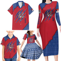 Serbia Family Matching Long Sleeve Bodycon Dress and Hawaiian Shirt with Balkan Gray Wolf, Claw Marks, and Flag Sleeve Design