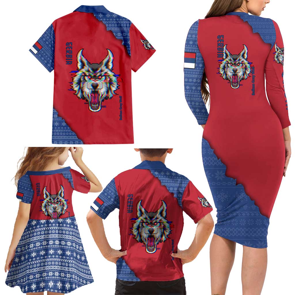 Serbia Family Matching Long Sleeve Bodycon Dress and Hawaiian Shirt with Balkan Gray Wolf, Claw Marks, and Flag Sleeve Design