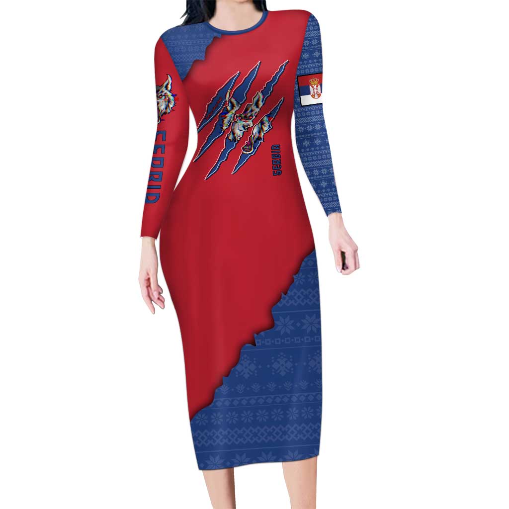 Serbia Family Matching Long Sleeve Bodycon Dress and Hawaiian Shirt with Balkan Gray Wolf, Claw Marks, and Flag Sleeve Design
