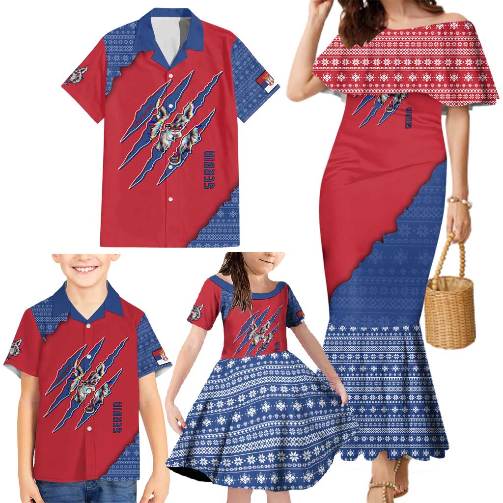 Serbia Family Matching Mermaid Dress and Hawaiian Shirt with Balkan Gray Wolf, Claw Marks, and Flag Sleeve Design