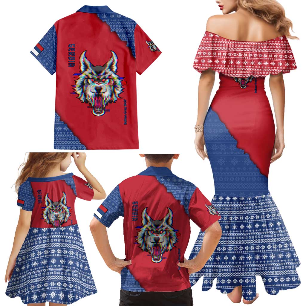 Serbia Family Matching Mermaid Dress and Hawaiian Shirt with Balkan Gray Wolf, Claw Marks, and Flag Sleeve Design