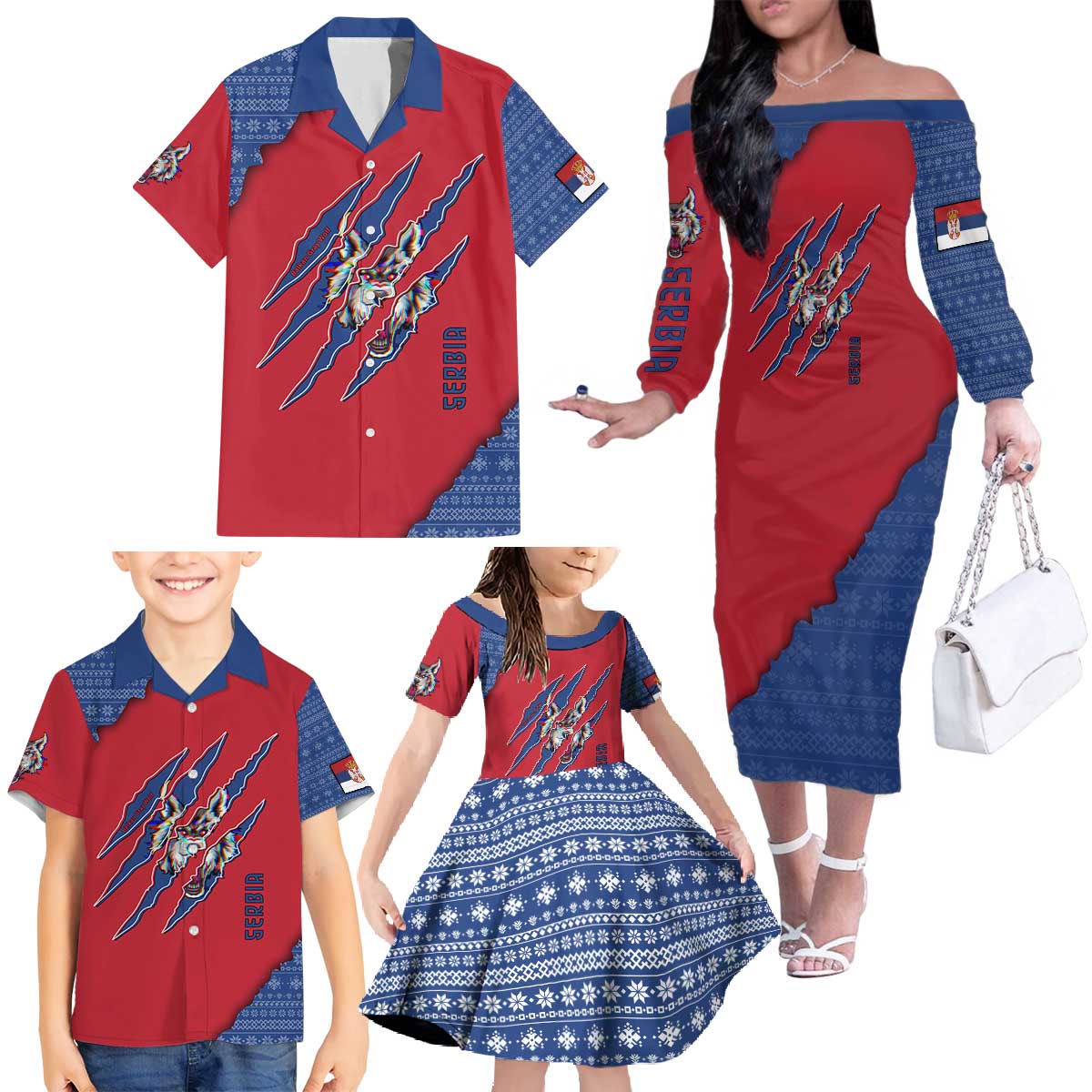 Serbia Family Matching Off The Shoulder Long Sleeve Dress and Hawaiian Shirt with Balkan Gray Wolf, Claw Marks, and Flag Sleeve Design