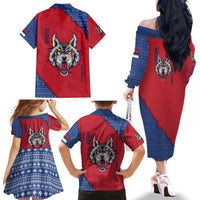 Serbia Family Matching Off The Shoulder Long Sleeve Dress and Hawaiian Shirt with Balkan Gray Wolf, Claw Marks, and Flag Sleeve Design