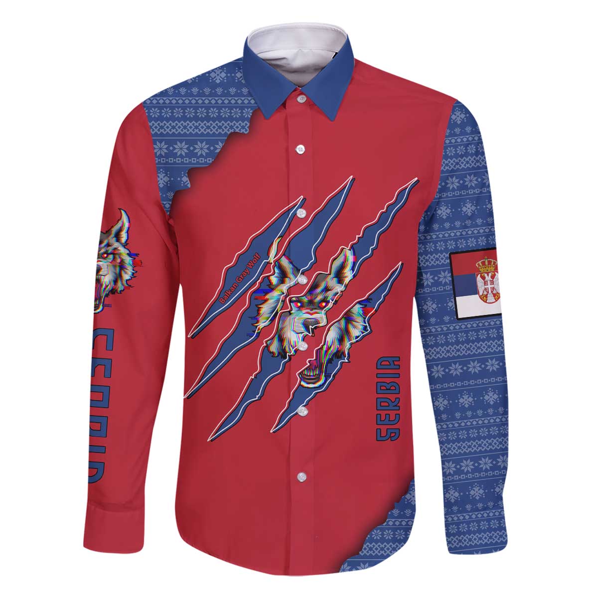 Serbia Family Matching Off The Shoulder Long Sleeve Dress and Hawaiian Shirt with Balkan Gray Wolf, Claw Marks, and Flag Sleeve Design