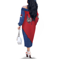 Serbia Family Matching Off The Shoulder Long Sleeve Dress and Hawaiian Shirt with Balkan Gray Wolf, Claw Marks, and Flag Sleeve Design