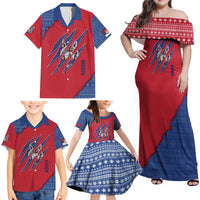 Serbia Family Matching Off Shoulder Maxi Dress and Hawaiian Shirt with Balkan Gray Wolf, Claw Marks, and Flag Sleeve Design