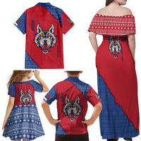 Serbia Family Matching Off Shoulder Maxi Dress and Hawaiian Shirt with Balkan Gray Wolf, Claw Marks, and Flag Sleeve Design