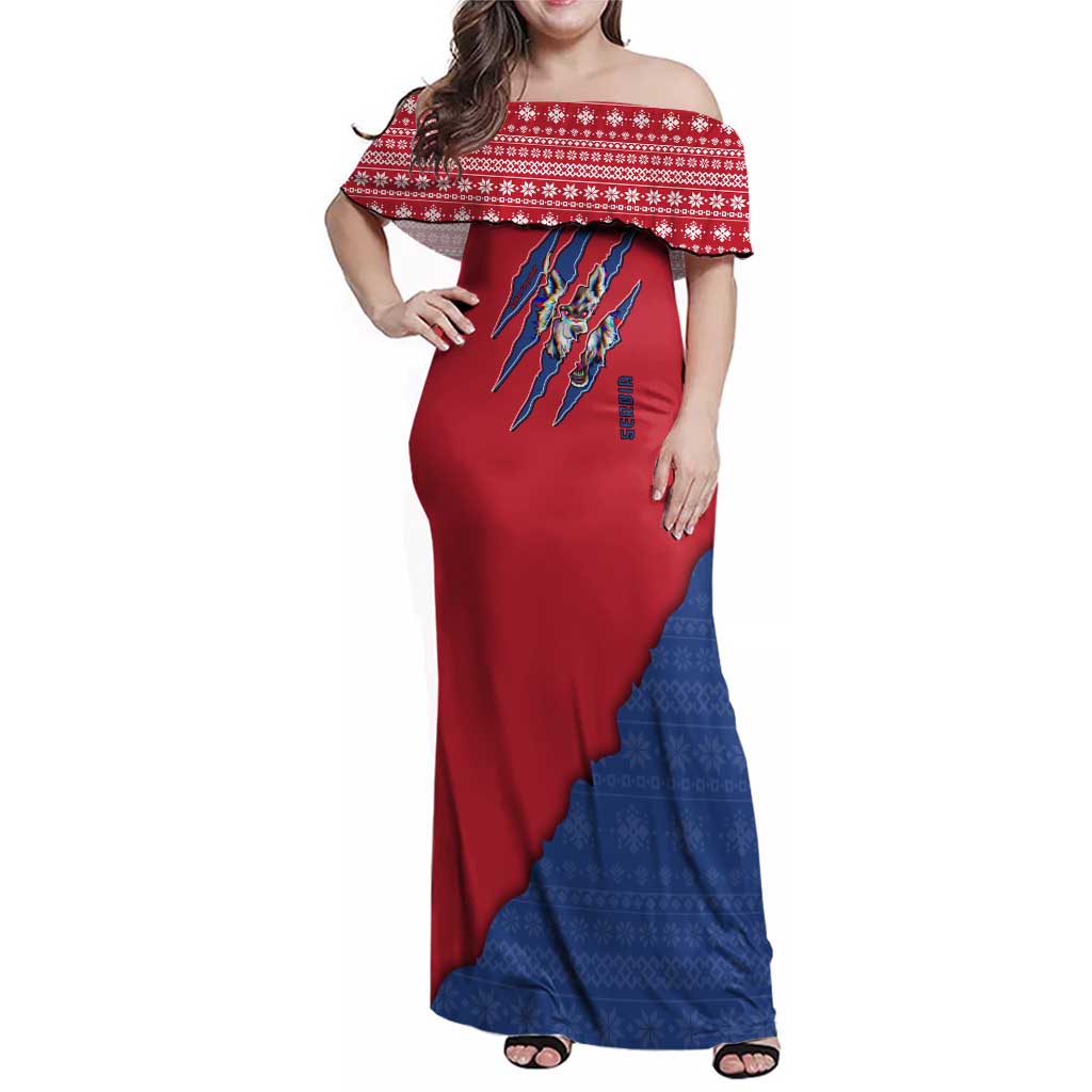 Serbia Family Matching Off Shoulder Maxi Dress and Hawaiian Shirt with Balkan Gray Wolf, Claw Marks, and Flag Sleeve Design