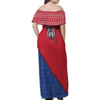Serbia Family Matching Off Shoulder Maxi Dress and Hawaiian Shirt with Balkan Gray Wolf, Claw Marks, and Flag Sleeve Design