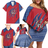 Serbia Family Matching Off Shoulder Short Dress and Hawaiian Shirt with Balkan Gray Wolf, Claw Marks, and Flag Sleeve Design