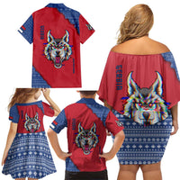 Serbia Family Matching Off Shoulder Short Dress and Hawaiian Shirt with Balkan Gray Wolf, Claw Marks, and Flag Sleeve Design