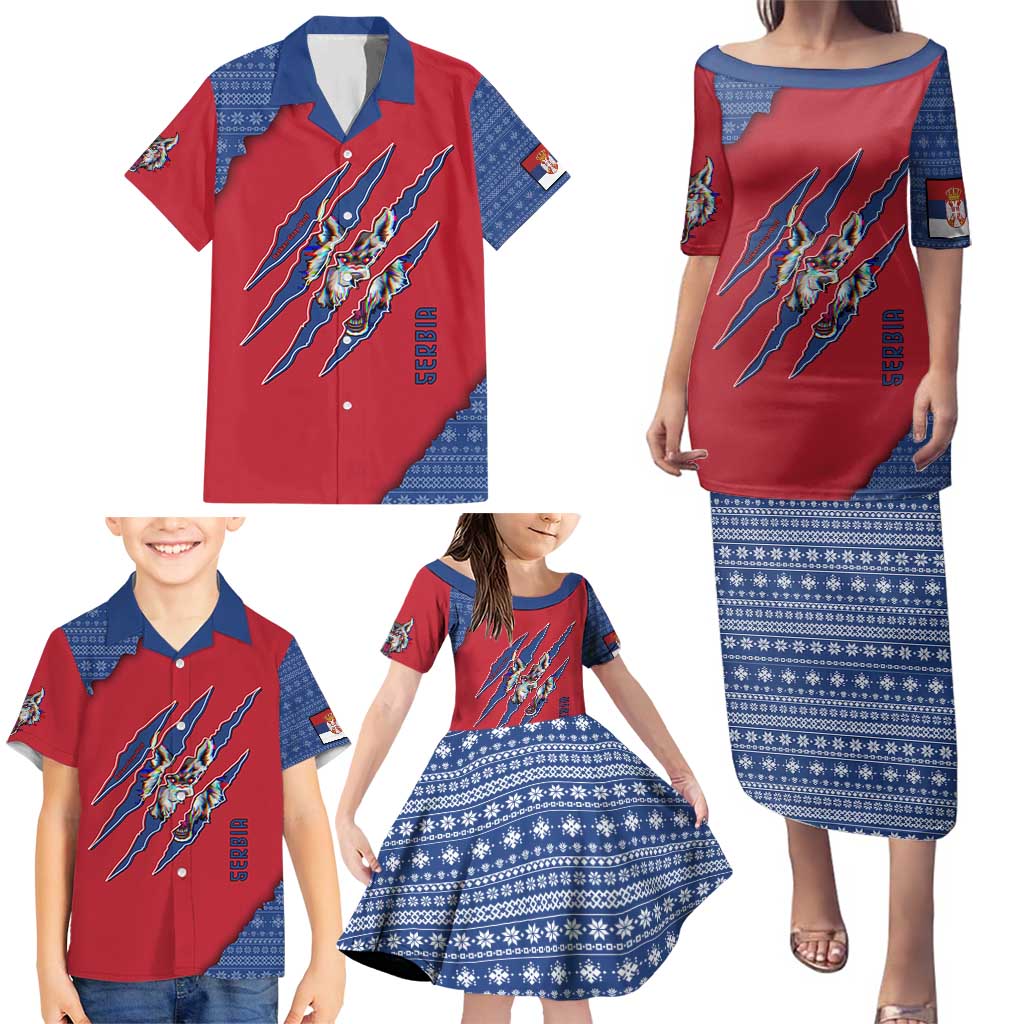 Serbia Family Matching Puletasi and Hawaiian Shirt with Balkan Gray Wolf, Claw Marks, and Flag Sleeve Design