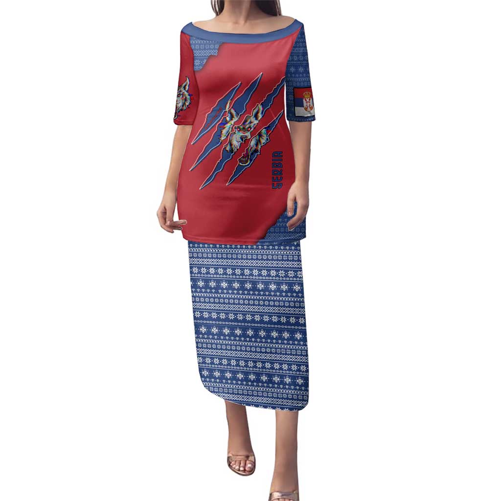 Serbia Family Matching Puletasi and Hawaiian Shirt with Balkan Gray Wolf, Claw Marks, and Flag Sleeve Design