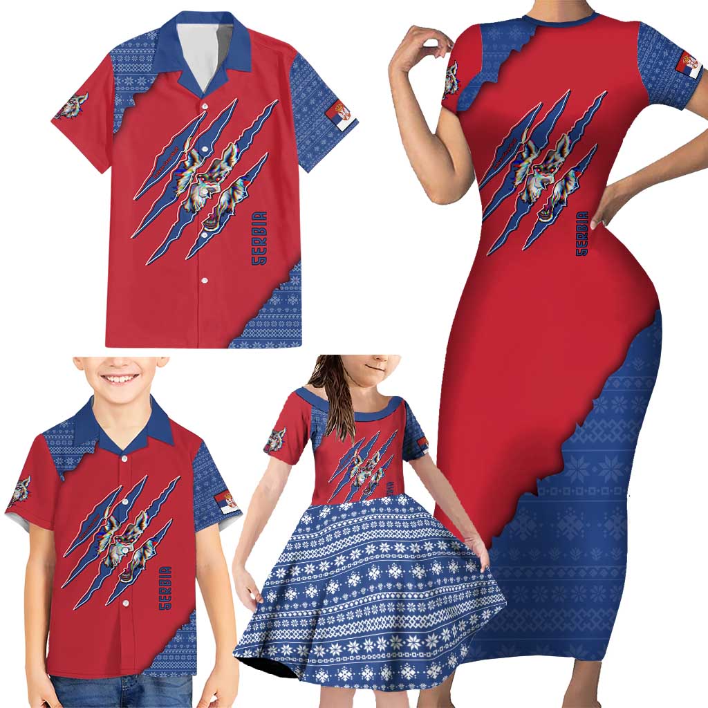 Serbia Family Matching Short Sleeve Bodycon Dress and Hawaiian Shirt with Balkan Gray Wolf, Claw Marks, and Flag Sleeve Design