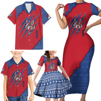 Serbia Family Matching Short Sleeve Bodycon Dress and Hawaiian Shirt with Balkan Gray Wolf, Claw Marks, and Flag Sleeve Design