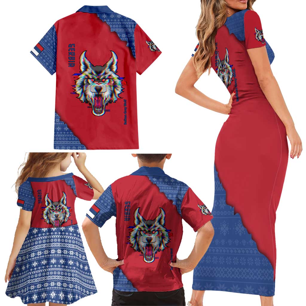 Serbia Family Matching Short Sleeve Bodycon Dress and Hawaiian Shirt with Balkan Gray Wolf, Claw Marks, and Flag Sleeve Design