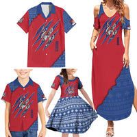 Serbia Family Matching Summer Maxi Dress and Hawaiian Shirt with Balkan Gray Wolf, Claw Marks, and Flag Sleeve Design