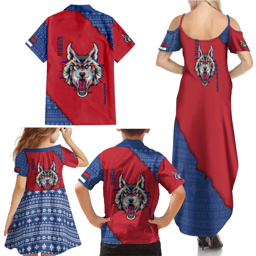 Serbia Family Matching Summer Maxi Dress and Hawaiian Shirt with Balkan Gray Wolf, Claw Marks, and Flag Sleeve Design