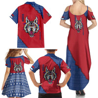 Serbia Family Matching Summer Maxi Dress and Hawaiian Shirt with Balkan Gray Wolf, Claw Marks, and Flag Sleeve Design